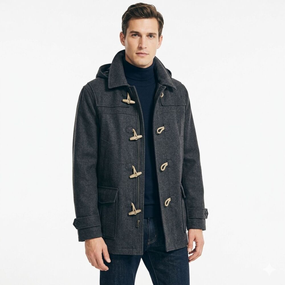 Nautica Duffle Coat Mens 2XT Charcoal Grey Excellent Toggle Hooded‎ Wool Blend